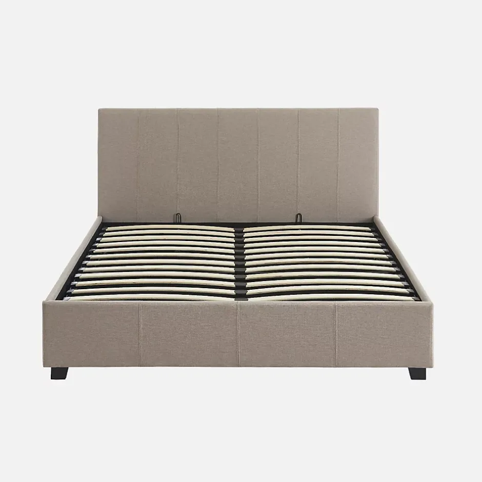 Sweeek Lit coffre avec sommier à lattes et tête de lit. finition tissu beige. L 202 x P 148 x H 86cm Clearance