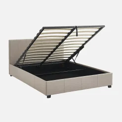 Sweeek Lit coffre avec sommier à lattes et tête de lit. finition tissu beige. L 202 x P 148 x H 86cm Clearance