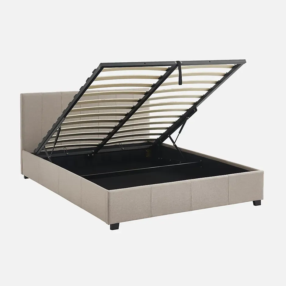 Sweeek Lit coffre avec sommier à lattes et tête de lit. finition tissu beige. L 202 x P 148 x H 86cm Clearance