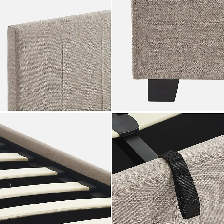 Sweeek Lit coffre avec sommier à lattes et tête de lit. finition tissu beige. L 202 x P 148 x H 86cm Clearance