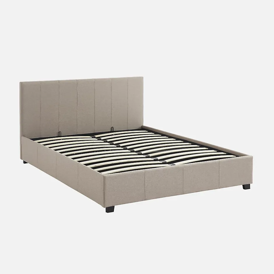 Sweeek Lit coffre avec sommier à lattes et tête de lit. finition tissu beige. L 202 x P 148 x H 86cm Clearance