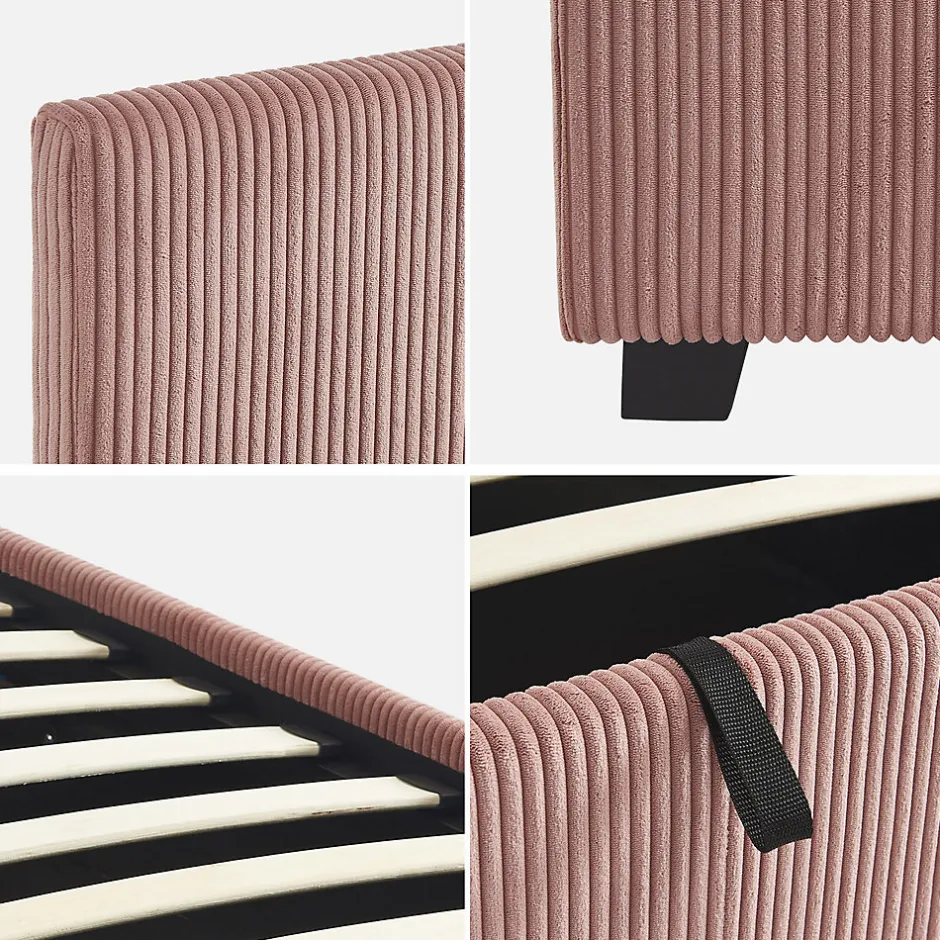 Sweeek Lit coffre avec sommier à lattes et tête de lit. finition velours côtelé rose. L 202 x P 97.5 x H 86cm Discount
