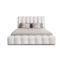 Meublorama Lit coffre BADJA Tissu bouclé Perle de lin 180x200 cm Sommier relevable Design haut de gamme Best