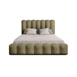 Meublorama Lit coffre BADJA Tissu bouclé Sauge sèchée 160x200 cm Sommier relevable Design haut de gamme