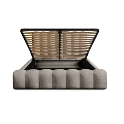 Meublorama Lit coffre BADJA Tissu bouclé Taupe cendré 140x200 cm Sommier relevable Design haut de gamme