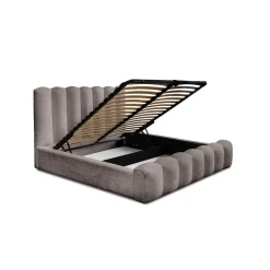 Meublorama Lit coffre BADJA Tissu bouclé Taupe cendré 140x200 cm Sommier relevable Design haut de gamme
