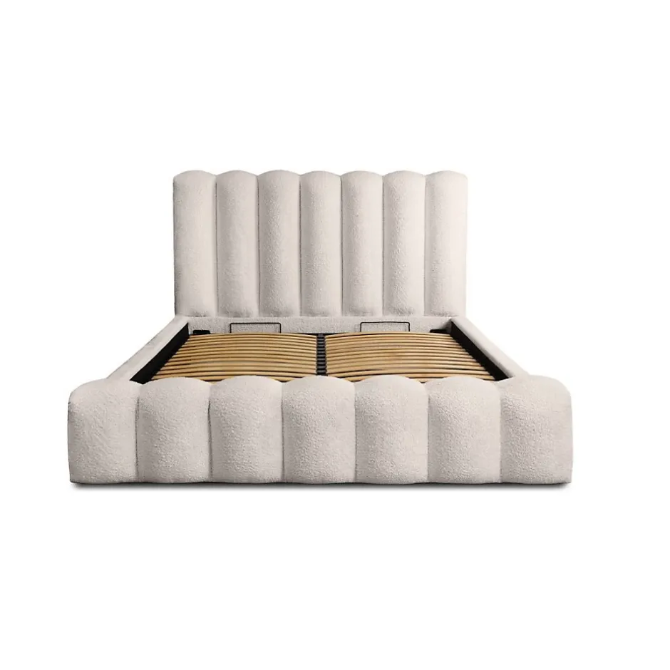 Meublorama Lit coffre BADJA Tissu bouclé Ivoire rosé 180x200 cm Sommier relevable Design haut de gamme
