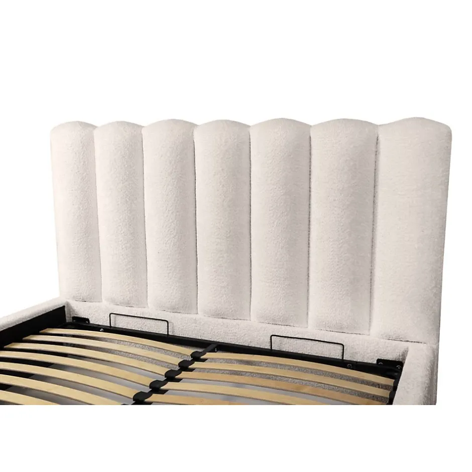 Meublorama Lit coffre BADJA Tissu bouclé Ivoire rosé 180x200 cm Sommier relevable Design haut de gamme