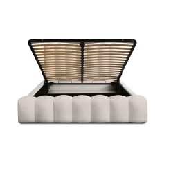Meublorama Lit coffre BADJA Tissu bouclé Ivoire rosé 180x200 cm Sommier relevable Design haut de gamme