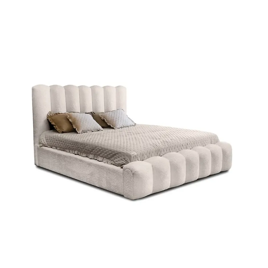 Meublorama Lit coffre BADJA Tissu bouclé Ivoire rosé 180x200 cm Sommier relevable Design haut de gamme