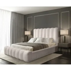 Meublorama Lit coffre BADJA Tissu bouclé Ivoire rosé 180x200 cm Sommier relevable Design haut de gamme