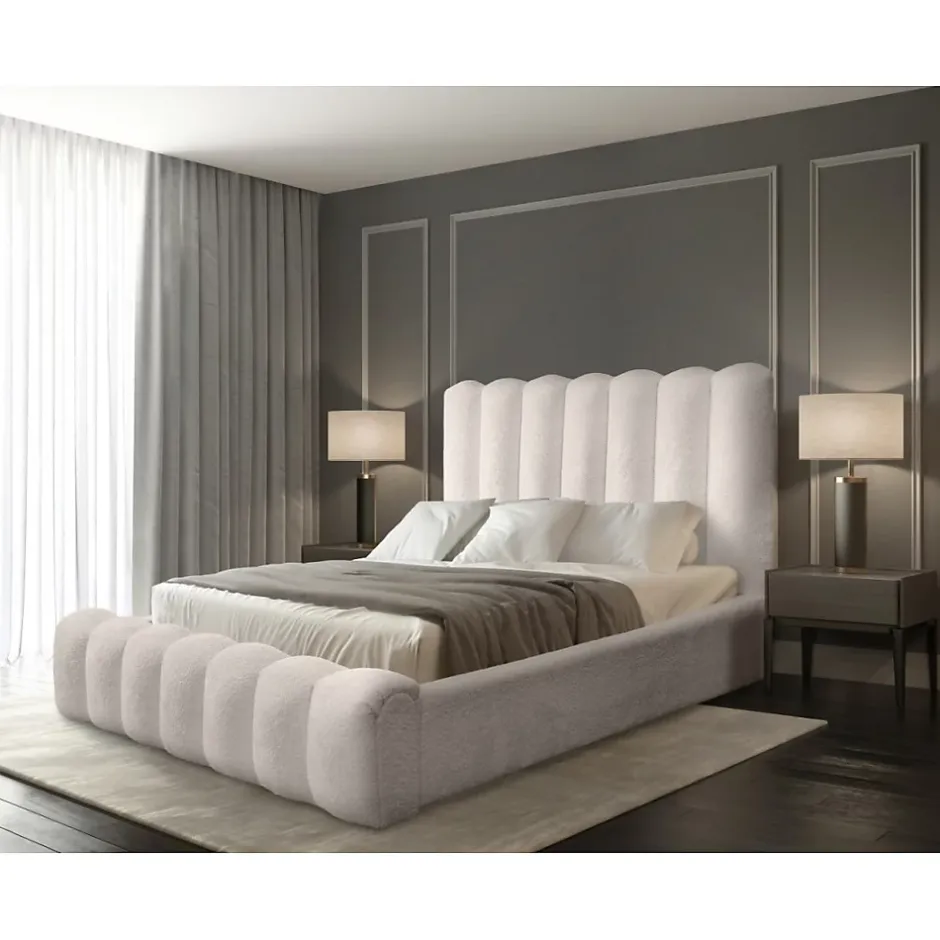 Meublorama Lit coffre BADJA Tissu bouclé Ivoire rosé 180x200 cm Sommier relevable Design haut de gamme