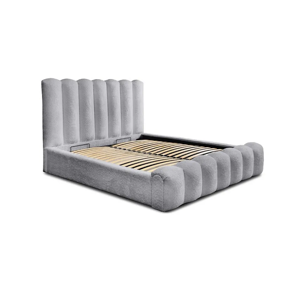 Meublorama Lit coffre BADJA Tissu bouclé Perle daube 140x200 cm Sommier relevable Design haut de gamme