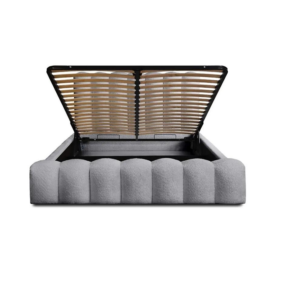 Meublorama Lit coffre BADJA Tissu bouclé Perle daube 140x200 cm Sommier relevable Design haut de gamme