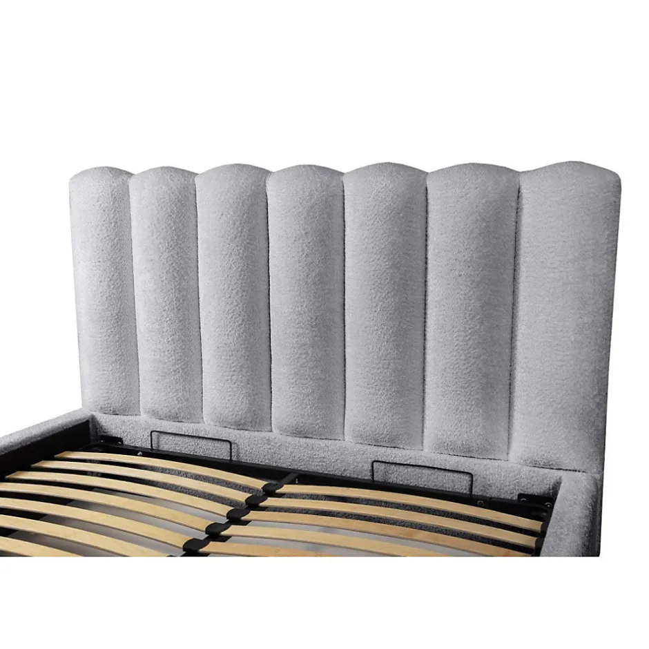 Meublorama Lit coffre BADJA Tissu bouclé Perle daube 140x200 cm Sommier relevable Design haut de gamme