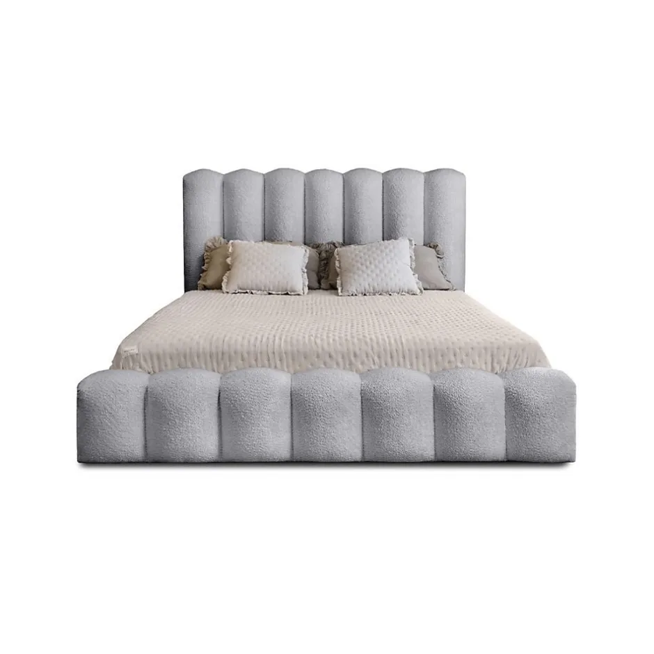 Meublorama Lit coffre BADJA Tissu bouclé Perle daube 140x200 cm Sommier relevable Design haut de gamme