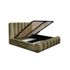 Meublorama Lit coffre BADJA Tissu bouclé Sauge sèchée 180x200 cm Sommier relevable Design haut de gamme