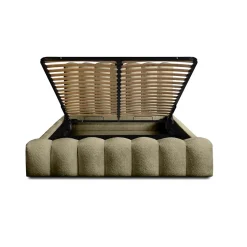 Meublorama Lit coffre BADJA Tissu bouclé Sauge sèchée 140x200 cm Sommier relevable Design haut de gamme