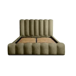 Meublorama Lit coffre BADJA Tissu bouclé Sauge sèchée 140x200 cm Sommier relevable Design haut de gamme