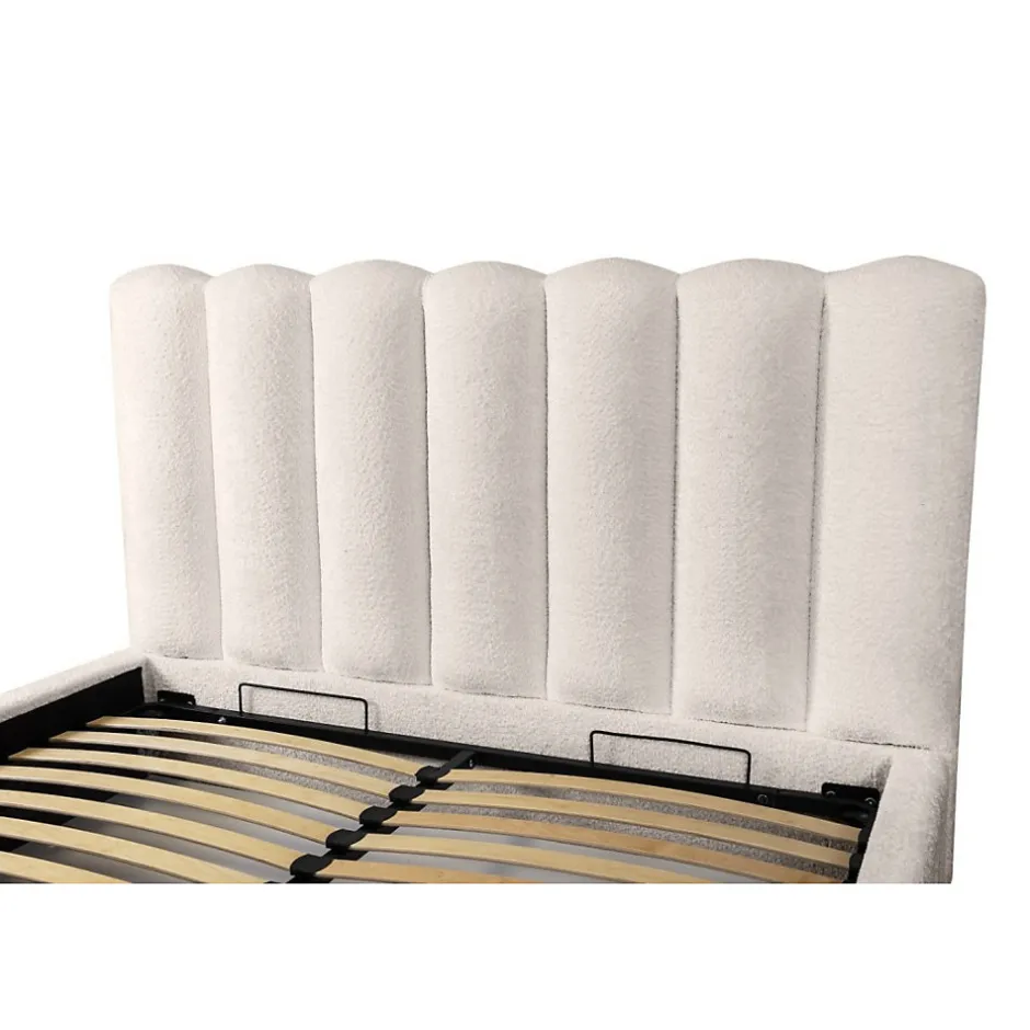 Meublorama Lit coffre BADJA Tissu bouclé Ivoire rosé 140x200 cm Sommier relevable Design haut de gamme