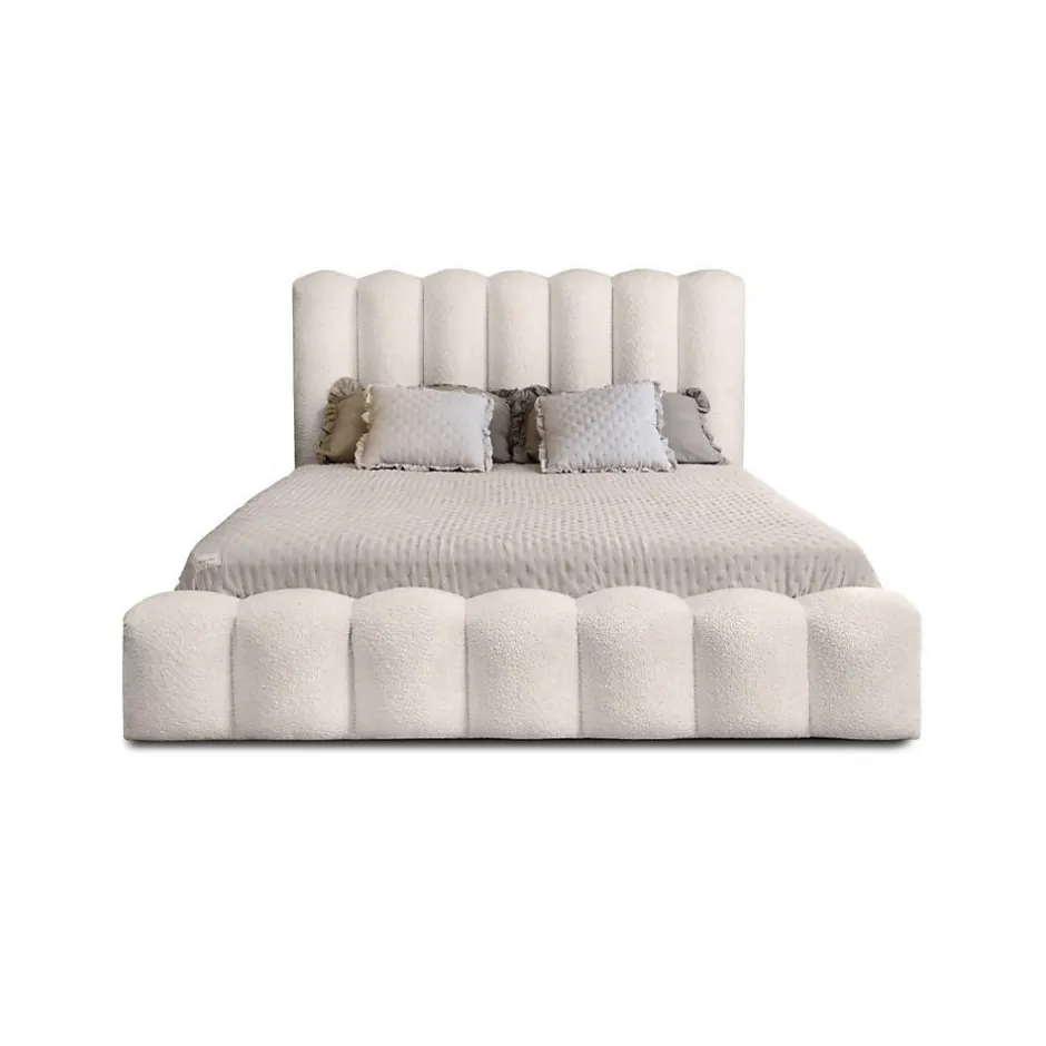 Meublorama Lit coffre BADJA Tissu bouclé Ivoire rosé 140x200 cm Sommier relevable Design haut de gamme