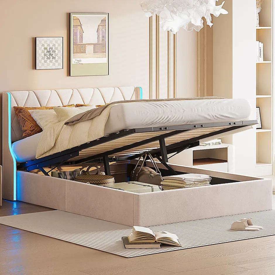 ProximaX Lit Coffre beige 140x190 cm, Lit Double avec Rangement, Lits pour Adulte Coffre,avec LED Tete de lit Tissu Velours Sale