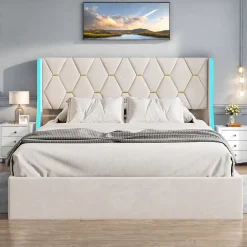 ProximaX Lit Coffre beige 140x190 cm, Lit Double avec Rangement, Lits pour Adulte Coffre,avec LED Tete de lit Tissu Velours Sale