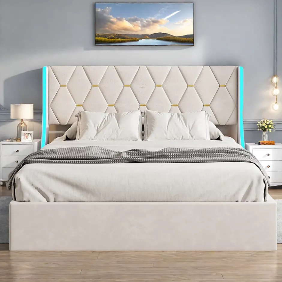 ProximaX Lit Coffre beige 140x190 cm, Lit Double avec Rangement, Lits pour Adulte Coffre,avec LED Tete de lit Tissu Velours Sale