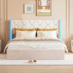 ProximaX Lit Coffre beige 140x190 cm, Lit Double avec Rangement, Lits pour Adulte Coffre,avec LED Tete de lit Tissu Velours Sale