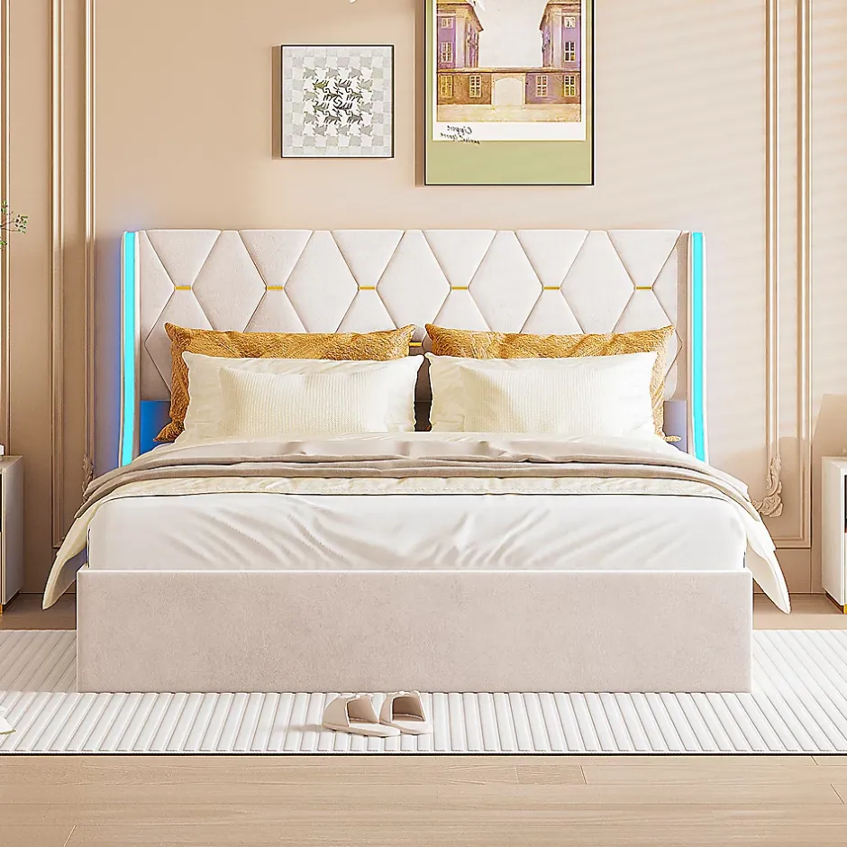 ProximaX Lit Coffre beige 140x190 cm, Lit Double avec Rangement, Lits pour Adulte Coffre,avec LED Tete de lit Tissu Velours Sale
