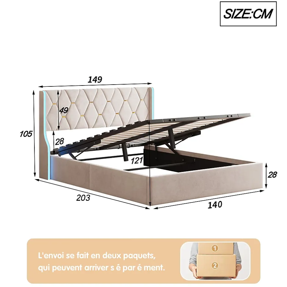 ProximaX Lit Coffre beige 140x190 cm, Lit Double avec Rangement, Lits pour Adulte Coffre,avec LED Tete de lit Tissu Velours Sale