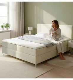 Pro Et Discount Lit Coffre Bicolore 160x200 cm Velours Alcantara beige et sable avec Matelas et Rangement Integre