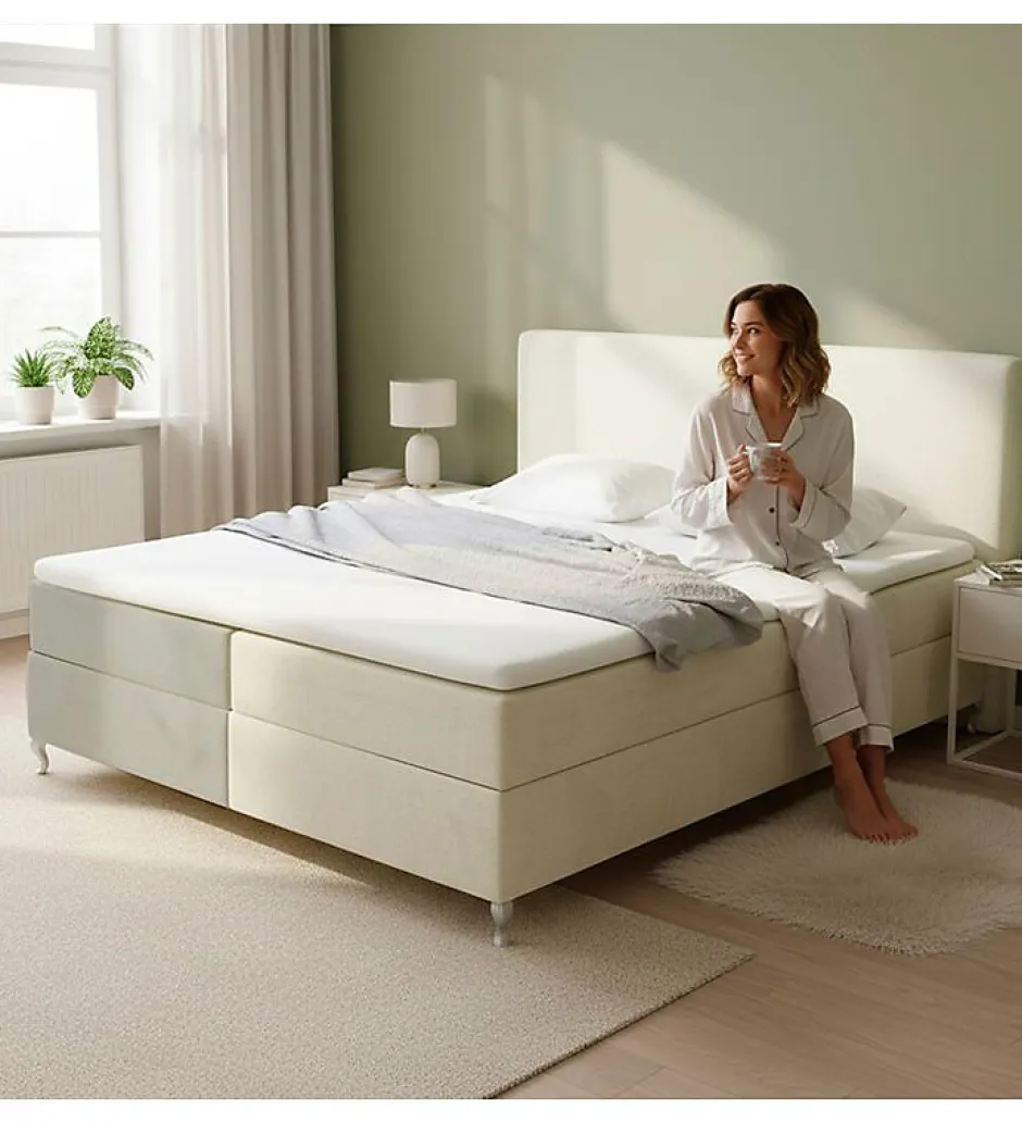 Pro Et Discount Lit Coffre Bicolore 160x200 cm Velours Alcantara beige et sable avec Matelas et Rangement Integre