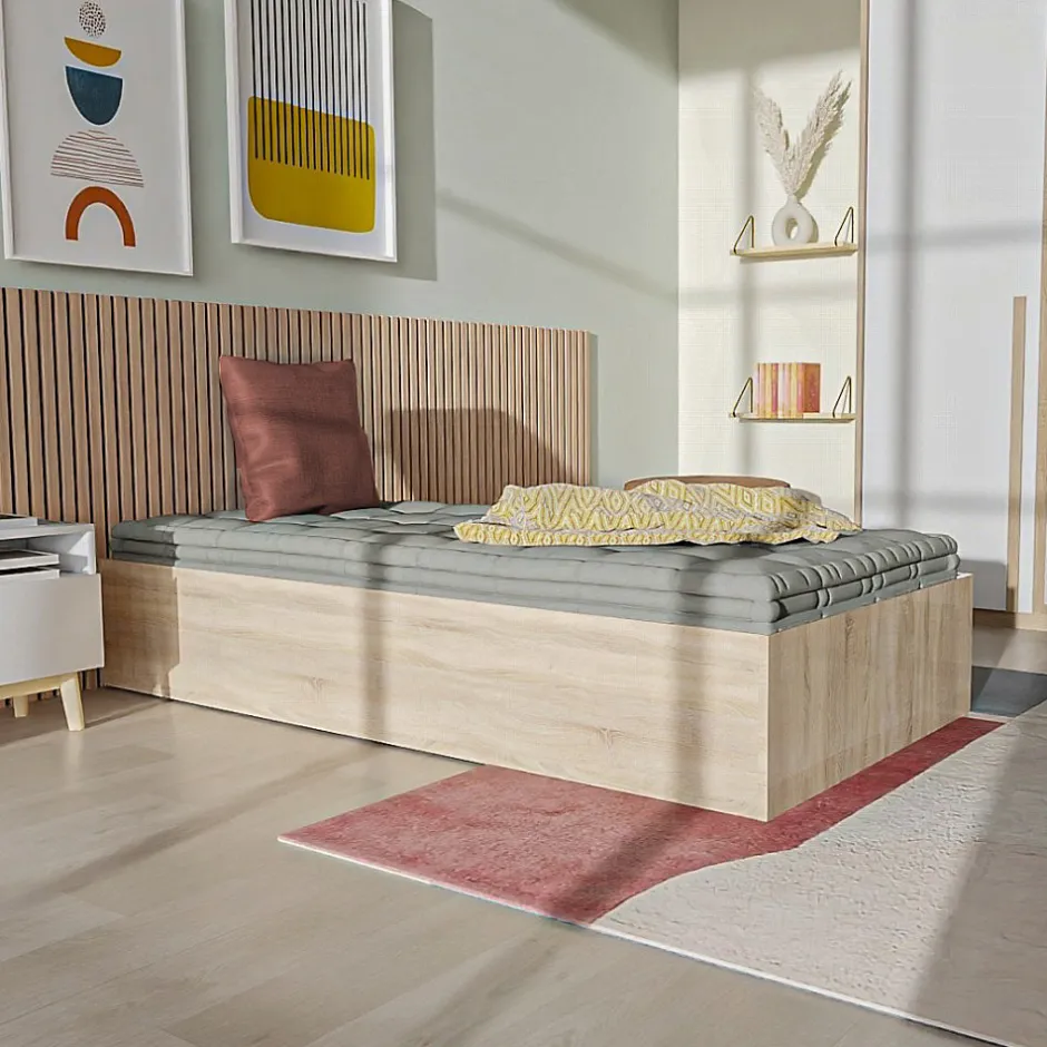 Weber Industries Lit coffre BILBAO 90x200 cm + sommier / Décor chêne blanchi