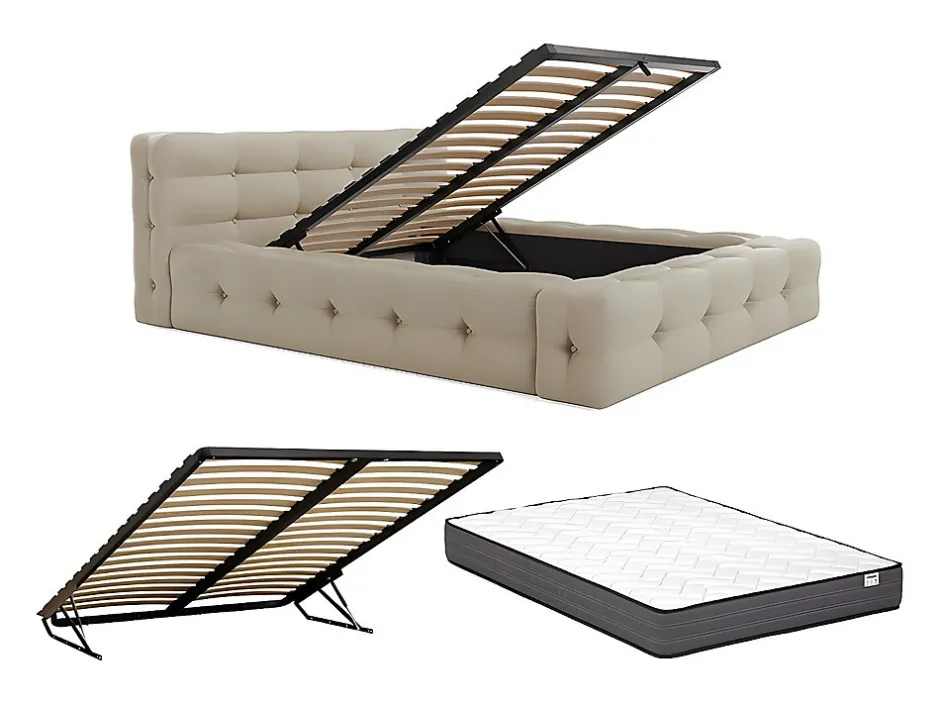 Vente-unique Lit coffre capitonné 140 x 190 cm - Tissu chiné - Beige + Matelas - LERUCO