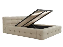 Vente-unique Lit coffre capitonné 140 x 190 cm - Tissu chiné - Beige + Matelas - LERUCO