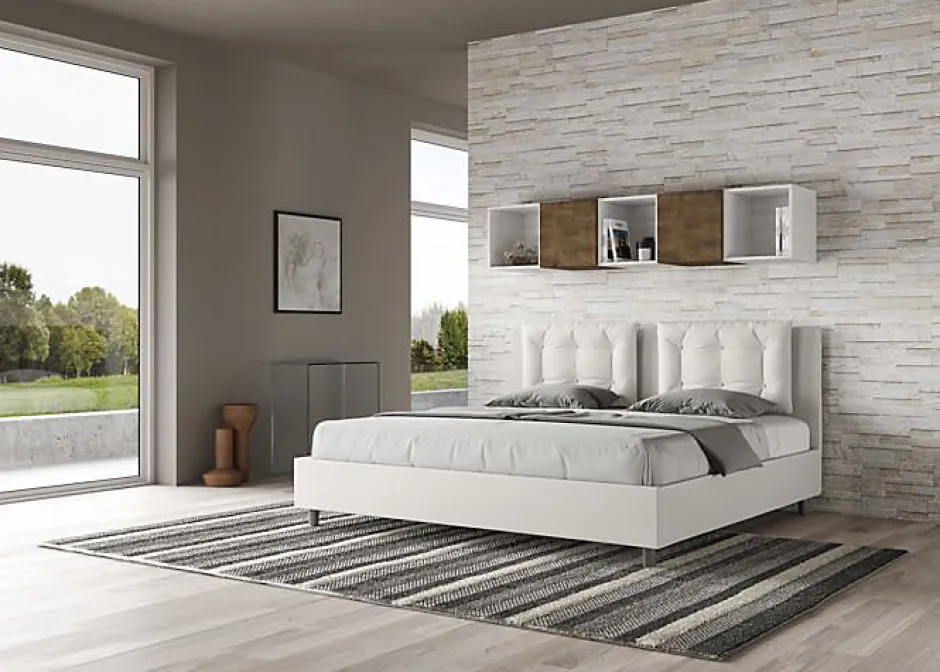 Ityhome Lit coffre capitonné simili cuir blanc Annalisa 180x200