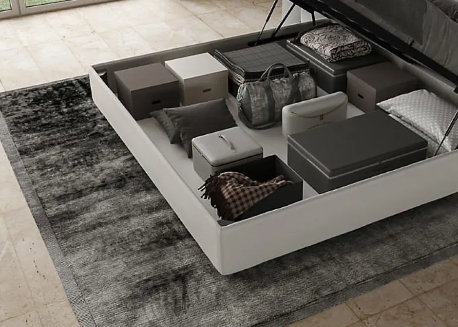 Ityhome Lit coffre capitonné simili cuir blanc Annalisa 180x200