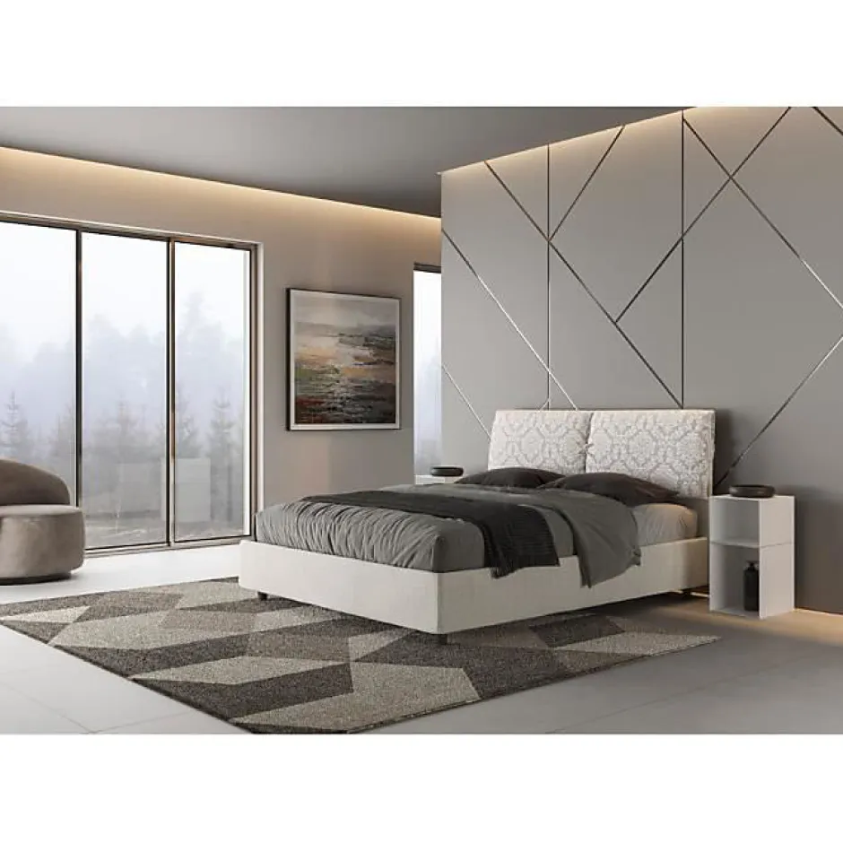 Ityhome Lit coffre capitonné 160x200 Agata 1 tissu Mados blanc