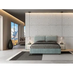 Ityhome Lit coffre capitonné 160x210 Aragona 7 tissu Mados bleu clair