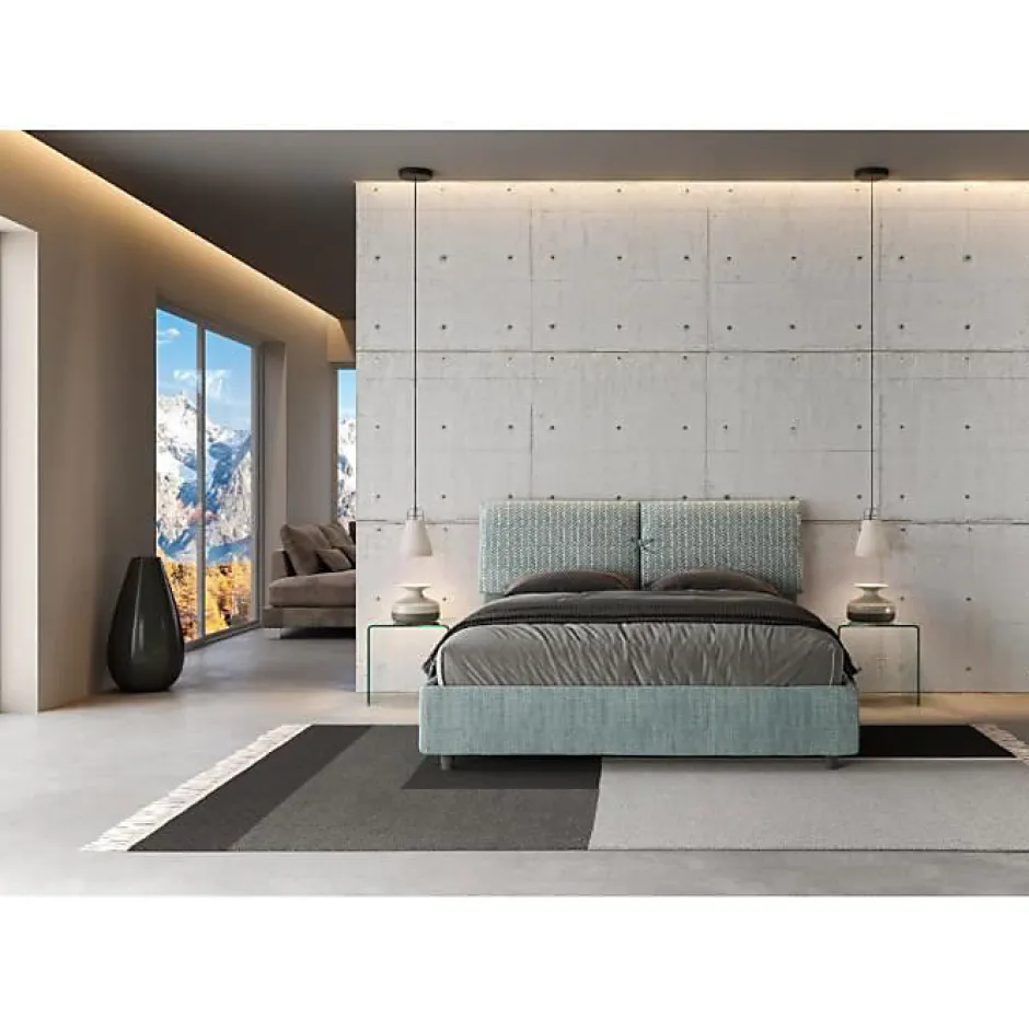 Ityhome Lit coffre capitonné 160x210 Aragona 7 tissu Mados bleu clair