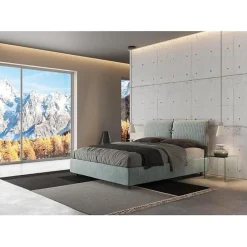Ityhome Lit coffre capitonné 160x210 Aragona 7 tissu Mados bleu clair