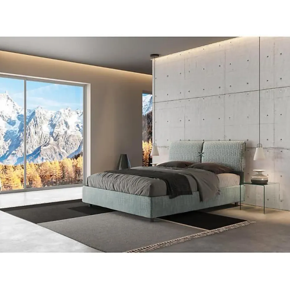 Ityhome Lit coffre capitonné 160x210 Aragona 7 tissu Mados bleu clair