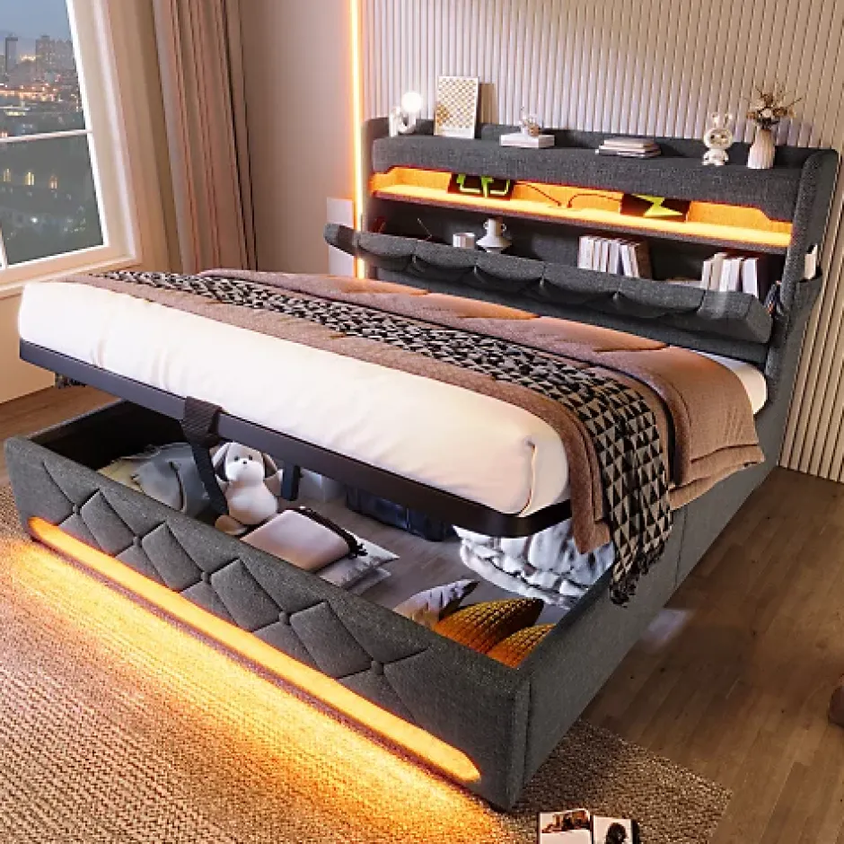 ModernLuxe Lit coffre capitonné 160x200cm avec LED et Ports de charge USB - tissu en Lin - tête de lit avec espace de rangement - Gris Sale