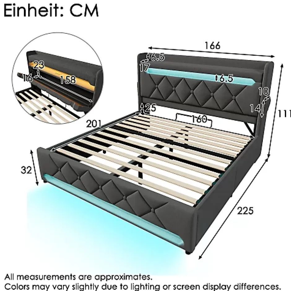 ModernLuxe Lit coffre capitonné 160x200cm avec LED et Ports de charge USB - tissu en Lin - tête de lit avec espace de rangement - Gris Sale
