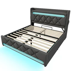 ModernLuxe Lit coffre capitonné 160x200cm avec LED et Ports de charge USB - tissu en Lin - tête de lit avec espace de rangement - Gris Sale