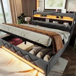 ModernLuxe Lit coffre capitonné 160x200cm avec LED et Ports de charge USB - tissu en Lin - tête de lit avec espace de rangement - Gris Sale