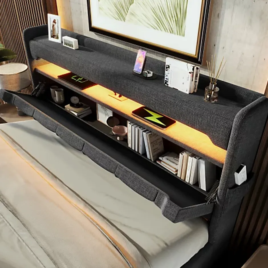 ModernLuxe Lit coffre capitonné 160x200cm avec LED et Ports de charge USB - tissu en Lin - tête de lit avec espace de rangement - Gris Sale