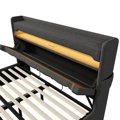 ModernLuxe Lit coffre capitonné 160x200cm avec LED et Ports de charge USB - tissu en Lin - tête de lit avec espace de rangement - Gris Sale