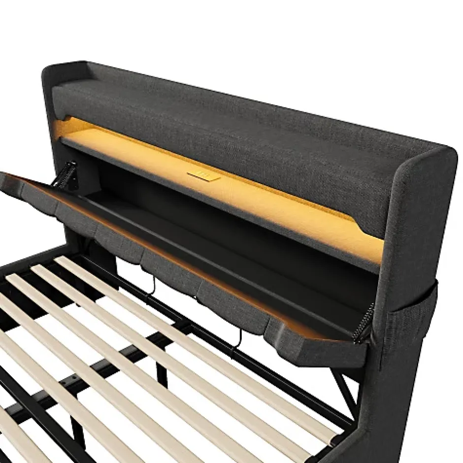 ModernLuxe Lit coffre capitonné 160x200cm avec LED et Ports de charge USB - tissu en Lin - tête de lit avec espace de rangement - Gris Sale